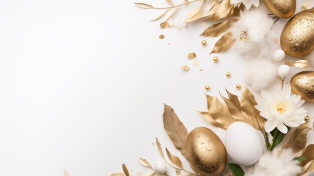 Foto fondo blanco y dorado con flores y huevos