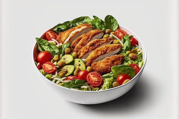 En un fondo blanco, una ensalada verde saludable presenta tomate y pollo frito crujiente