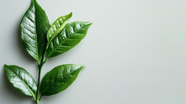 En un fondo blanco con espacio vacío hojas de té verde desde arriba AI generativa