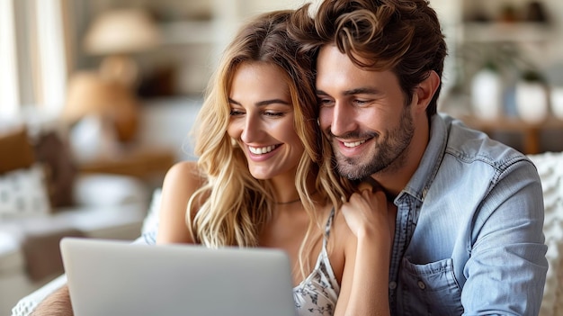 Fondo blanco con una feliz pareja de negocios mirando una computadora portátil