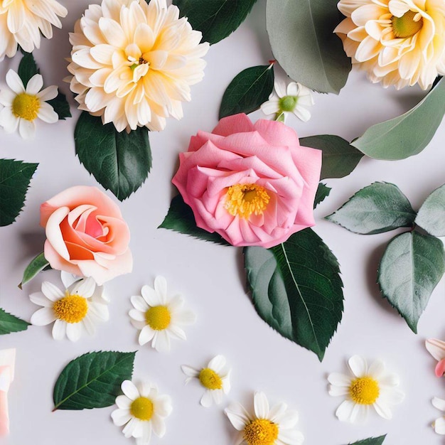 Un fondo blanco con flores y una flor rosa.