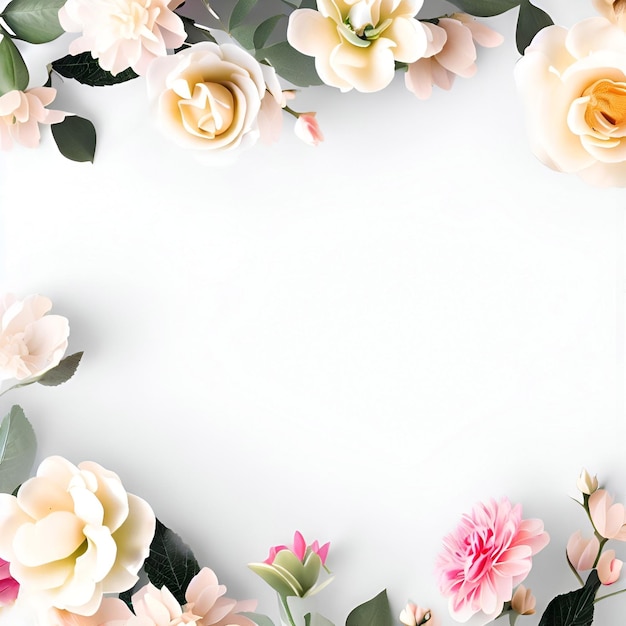 Un fondo blanco con flores rosadas y amarillas y una hoja verde.