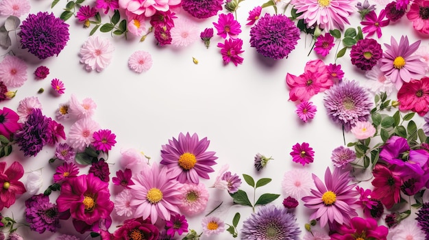 Un fondo blanco con flores rosas y una hoja verde.