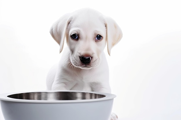 Fondo blanco con un lindo cachorro de laboratorio sentado en un tazón de alimentación