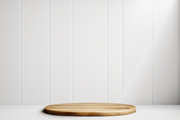 Fondo blanco con un lugar vacío en una mesa de madera de color claro