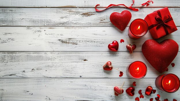 Fondo blanco de madera con corazones rojos, regalos y velas El concepto del día de San Valentín