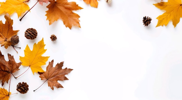 Fondo blanco de marco con piñones y hojas de otoño