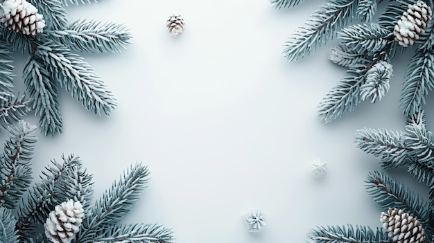 Un fondo blanco con un marco de ramas de pino y conos de pino