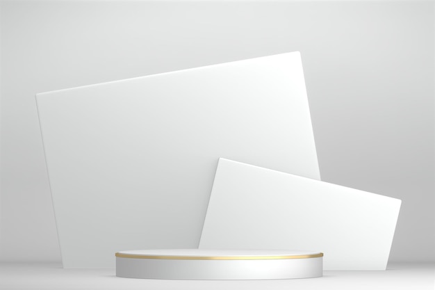 El fondo blanco moderno y el podio blanco muestran la representación geométrica 3D del producto cosmético