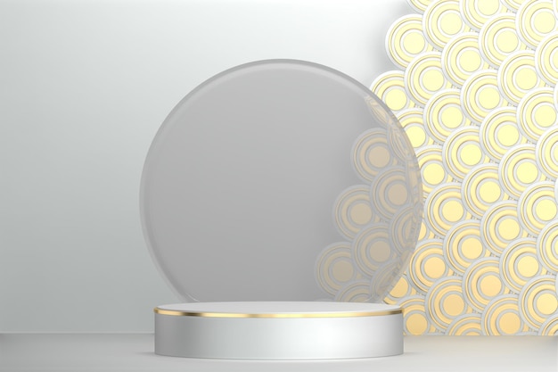 El fondo blanco moderno y el podio blanco muestran la representación geométrica 3D del producto cosmético