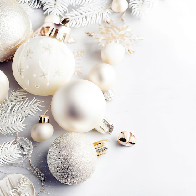 Fondo blanco navideño con bolas navideñas y decoración.