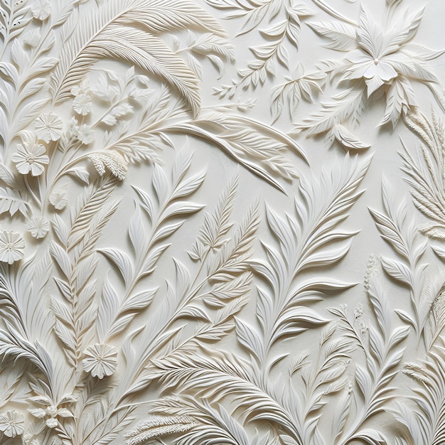 El fondo blanco con un patrón de flores y hojas en relieve