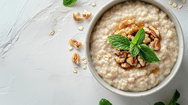 Un fondo blanco presenta un cuenco de gachas de avena con jarabe en la parte superior gran espacio IA generativa