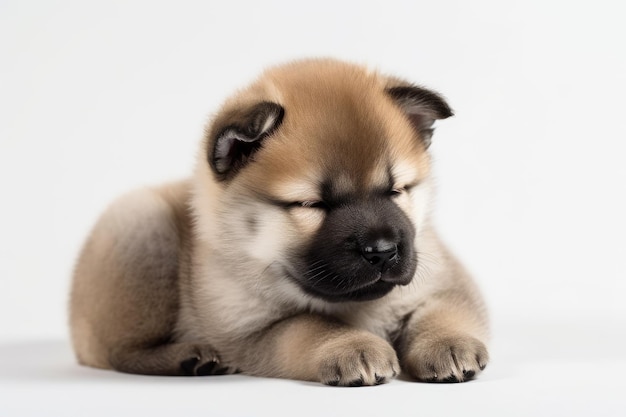 En un fondo blanco, se puede ver un cachorro Akita americano dormido con motivo animal infantil