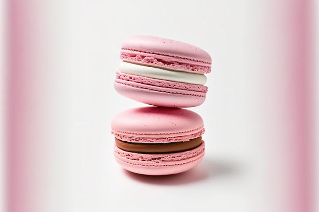 Un fondo blanco con tres macarons rosas.