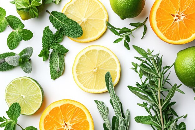 Un fondo blanco con una variedad de frutas y hierbas, incluidas las naranjas y las limas