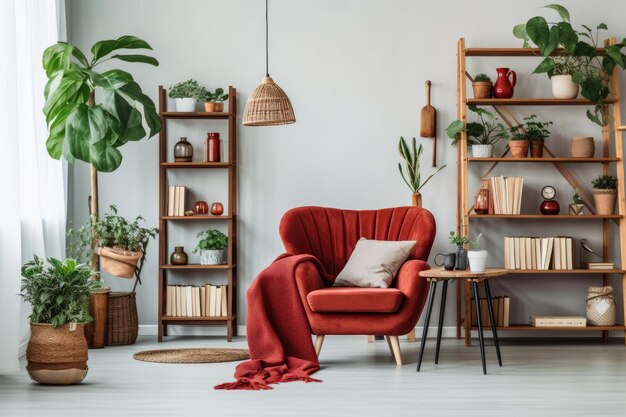 En un fondo blanco, se ven muchos elementos de la sala de estar, incluido un sofá rojo, una planta, una lámpara de pie, un sillón blanco, una mesa circular y una estantería de madera marrón