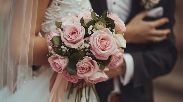 Fondo de la boda con un ramo de rosas rosas en las manos de la novia y el novio