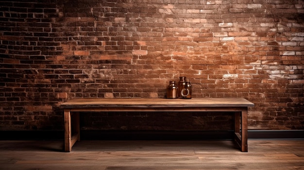 Fondo para bodegones y otras composiciones una mesa de madera marrón rústica vacía contra una pared de ladrillo AI generativa