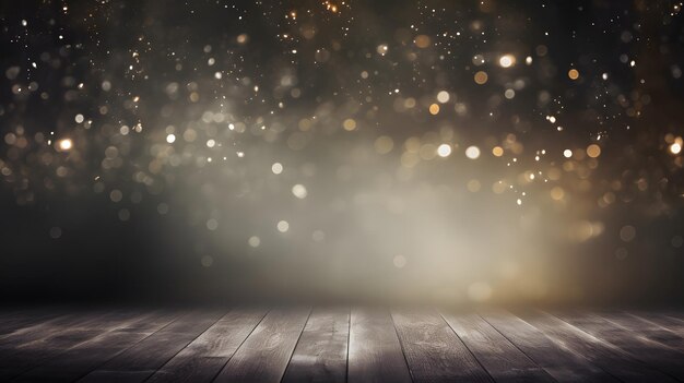 Foto fondo con bokeh en fondo oscuro y suelo de madera