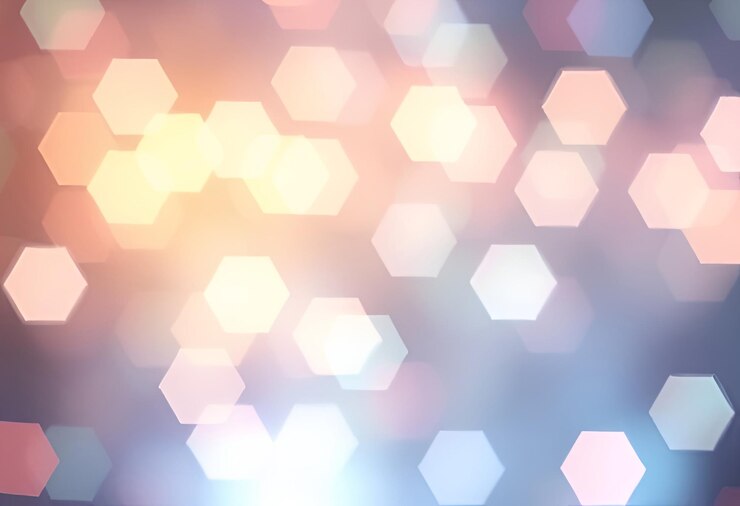 Foto fondo de bokeh naranja azul con manchas de luz borrosas hexagonales fondo decorativo de celebración