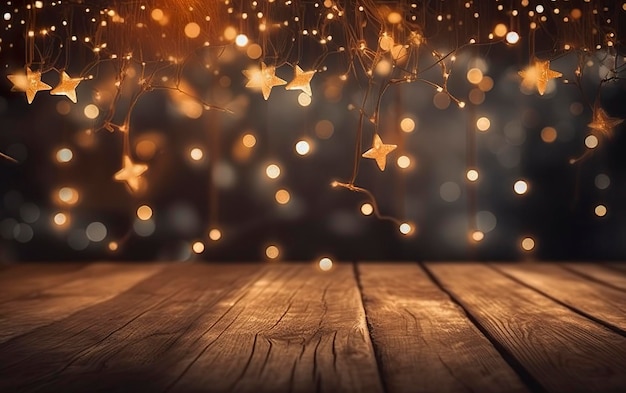 Fondo bokeh de Navidad fondo de madera con brillo bokeh estrellas madera rústica y telón de fondo para la presentación del producto AI Generativo