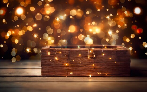 Fondo bokeh navideño fondo de madera con estrellas brillantes bokeh madera rústica y telón de fondo para la presentación del producto AI generativo