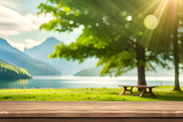 fondo bokeh de prado verde con una mesa de madera vacía