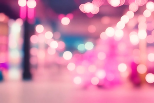 El fondo de Bokeh rosa de un centro comercial con luces borrosas