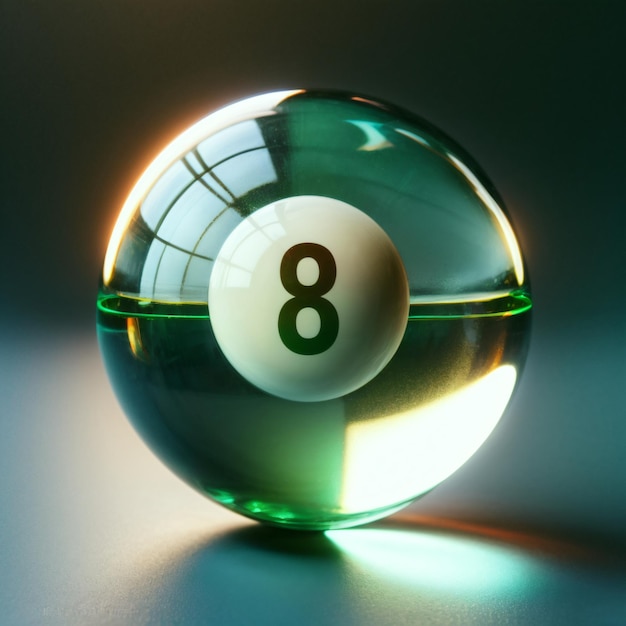 Foto fondo de una bola de vidrio brillante con el número 8 en un entorno sombrío