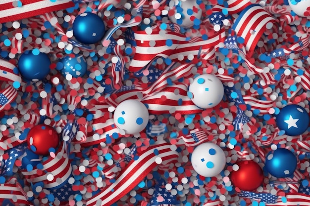 Un fondo de bolas patrióticas rojas, blancas y azules con la bandera estadounidense sobre ellas.