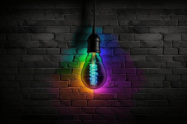 Fondo de bombilla de luz colorida con concepto de pared de ladrillos degradados de creatividad IA generativa