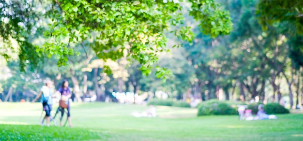 Fondo borroso de las actividades de la gente en el parque con bokeh, primavera y verano