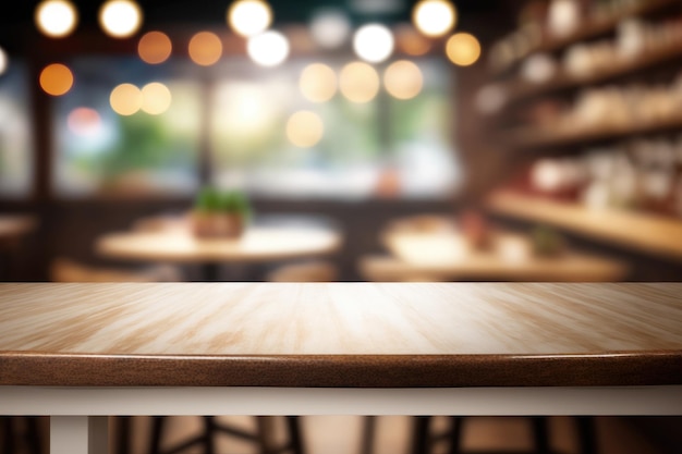 El fondo borroso del café complementa la mesa de madera IA generativa