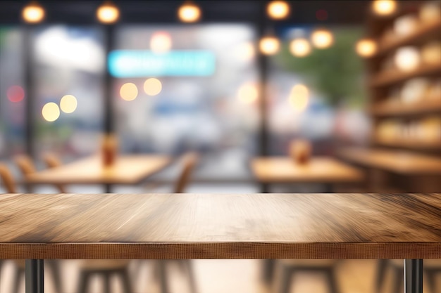 El fondo borroso de una cafetería o restaurante cuenta con una mesa de madera vacía