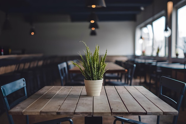 Fondo borroso de una cafetería o restaurante mesa de madera vacía