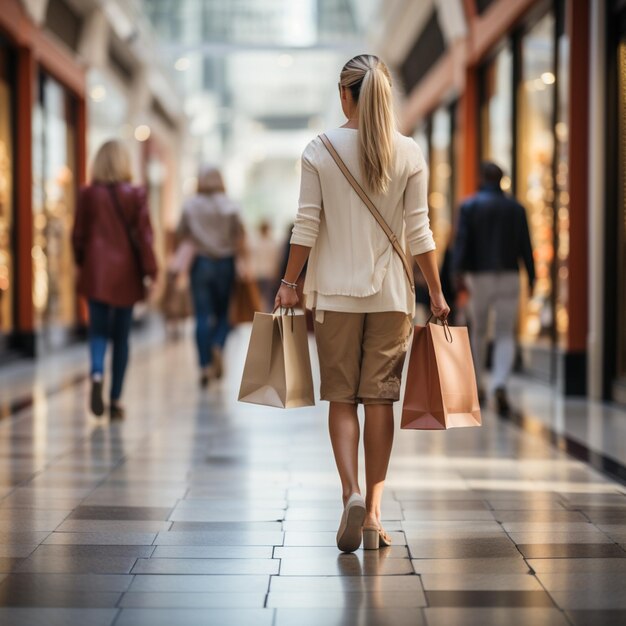 El fondo borroso de un centro comercial moderno con algunos compradores compradores caminando en el centro comercial