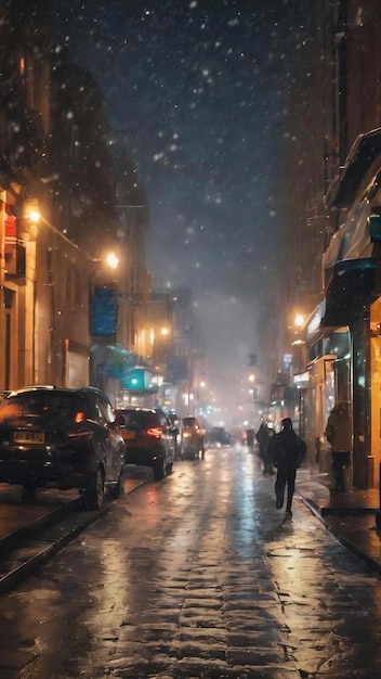 El fondo borroso de la ciudad, las luces cayendo, la nieve, las manchas de bokeh en la calle.