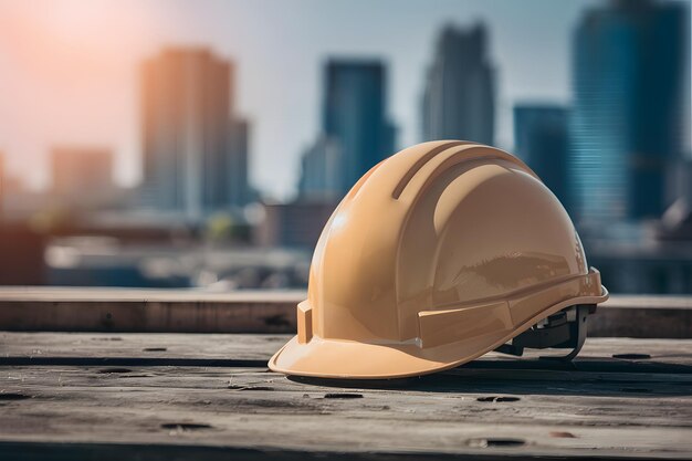 Fondo borroso del edificio de construcción con ilustración de casco de casco