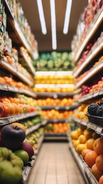 El fondo borroso de la estantería de frutas del supermercado el fondo borroso bokeh