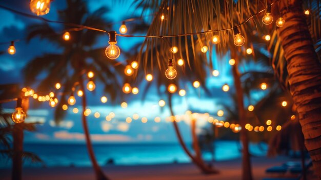 Foto el fondo borroso de la fiesta de la playa guirlandas de bombillas están enlazadas entre las palmeras