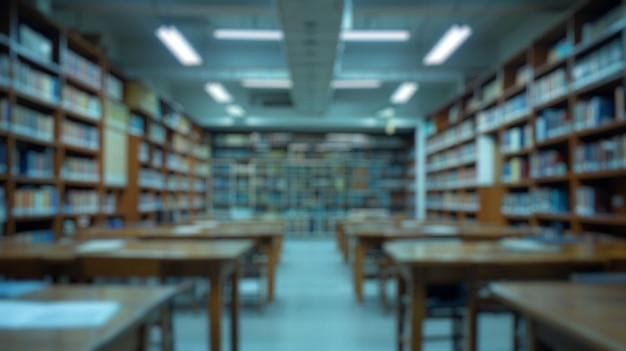 El fondo borroso del interior de la biblioteca con estanterías llenas de libros Spate