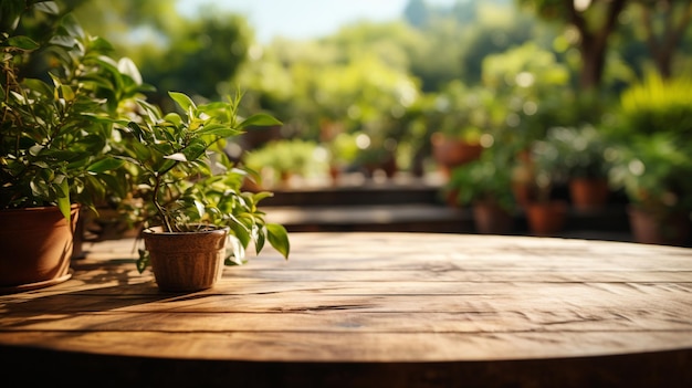 fondo borroso del jardín de su casa mesa vacía