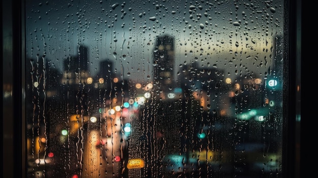Un fondo borroso de luces de la ciudad a través de una lluvia generada por IA