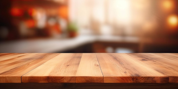 El fondo borroso de una mesa de cocina de madera