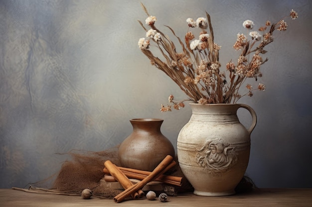 Un fondo borroso muestra un jarrón con flores secas y palitos de canela.