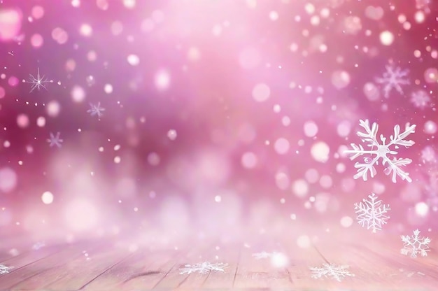 El fondo borroso de la Navidad es complejo, los copos de nieve que caen desenfocados en colores rosados tienen un efecto bokeh.
