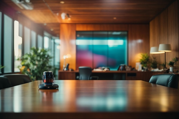 Fondo borroso de la oficina con frente de mesa de madera