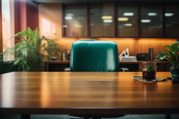 Fondo borroso de la oficina con frente de mesa de madera