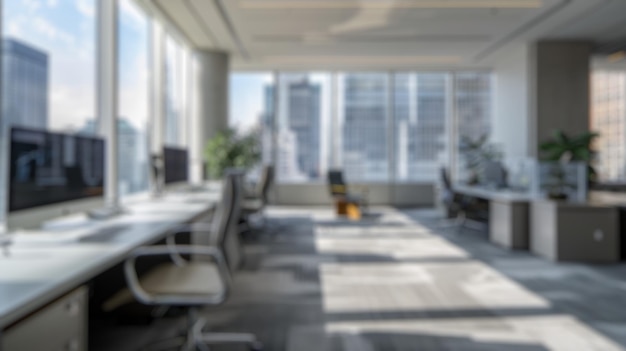 Fondo borroso de la oficina moderna con vista a la ciudad y estaciones de trabajo modernas Spate
